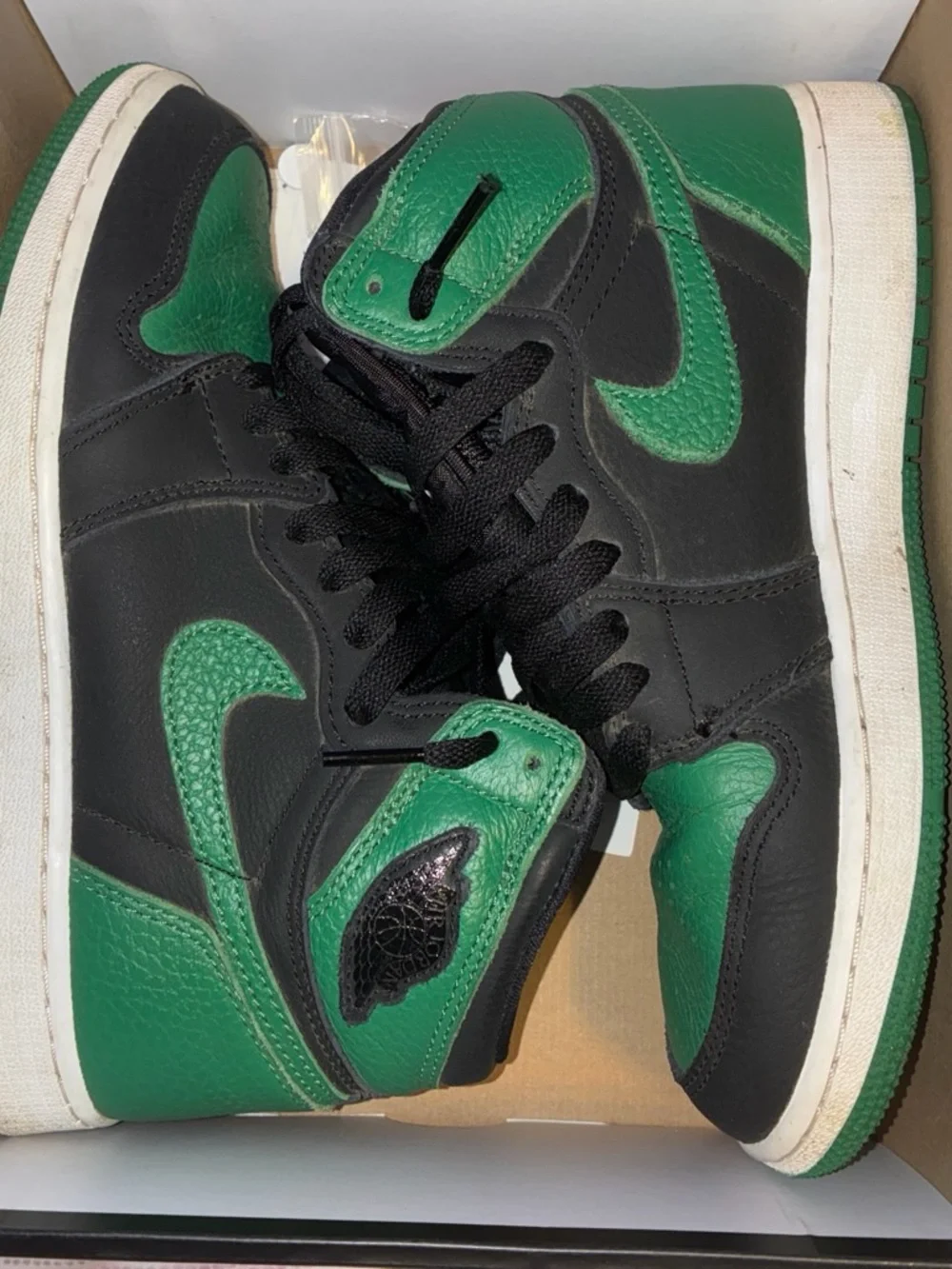 Air Jordan 1 High Top Black/Green Colorblock Leather Sneakers